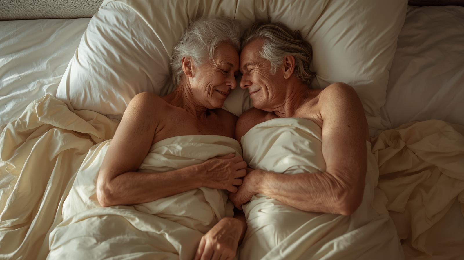 Elderly couple spooning together in bed
